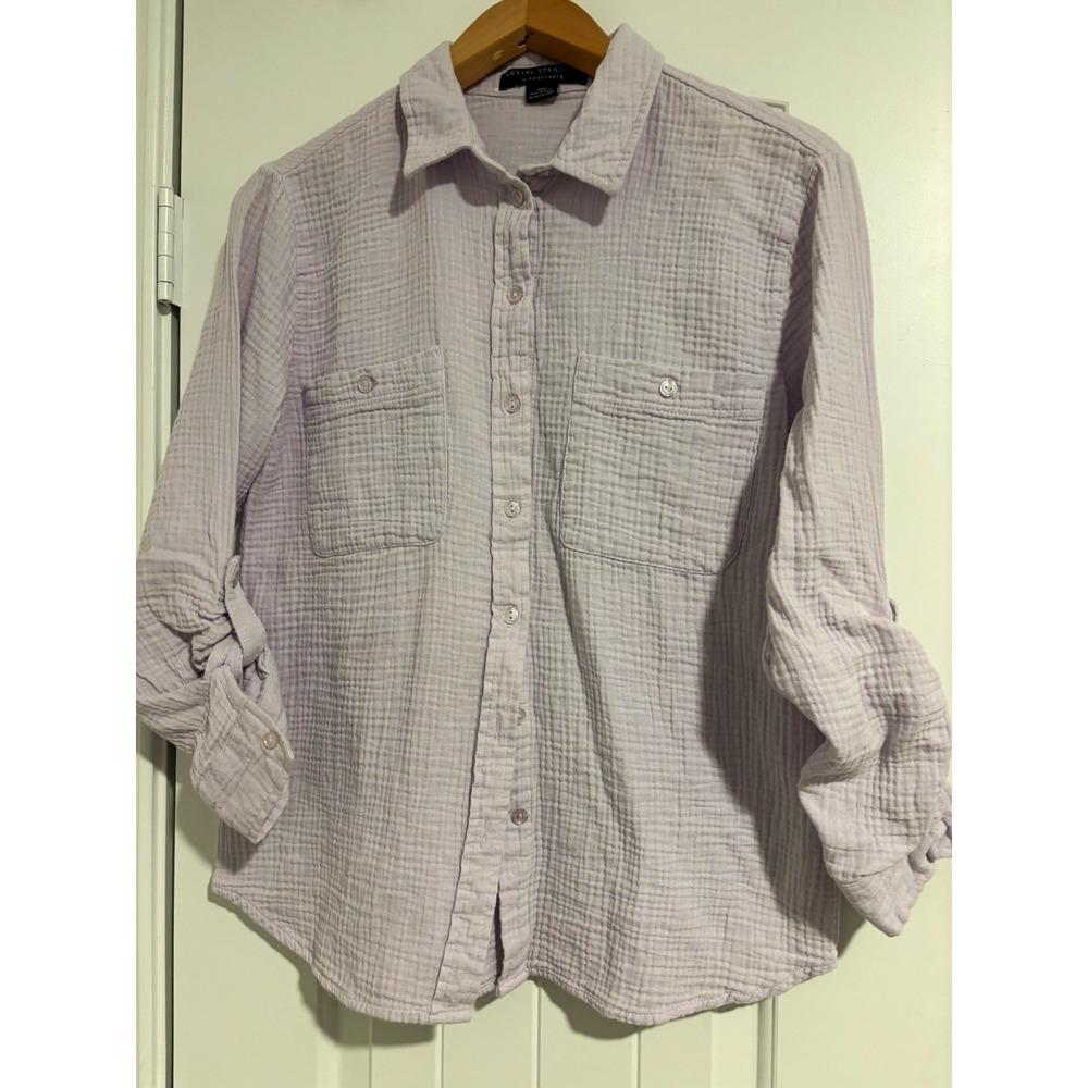 Social Standard by Sanctuary Women's Purple Button-Up Roll Tab Sleeve M Cotton